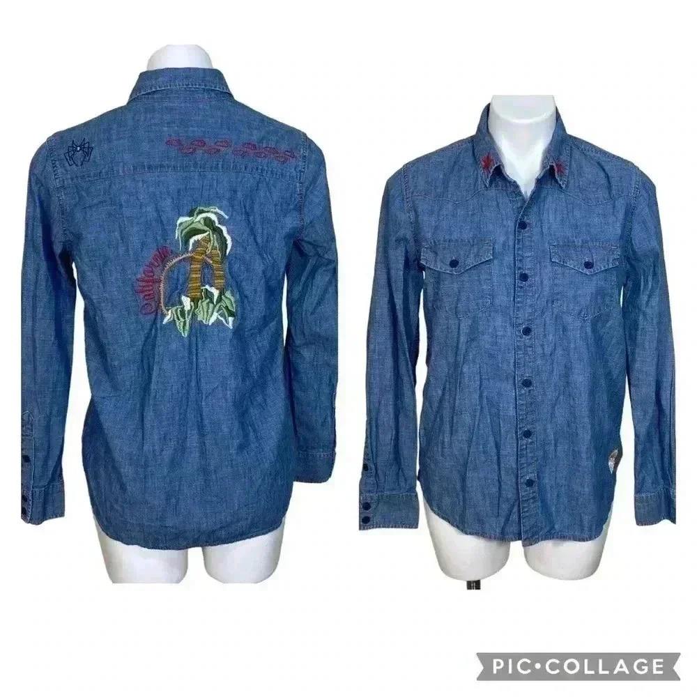 Lucky Brand denim embroidered button down jean shirt California palm tree
